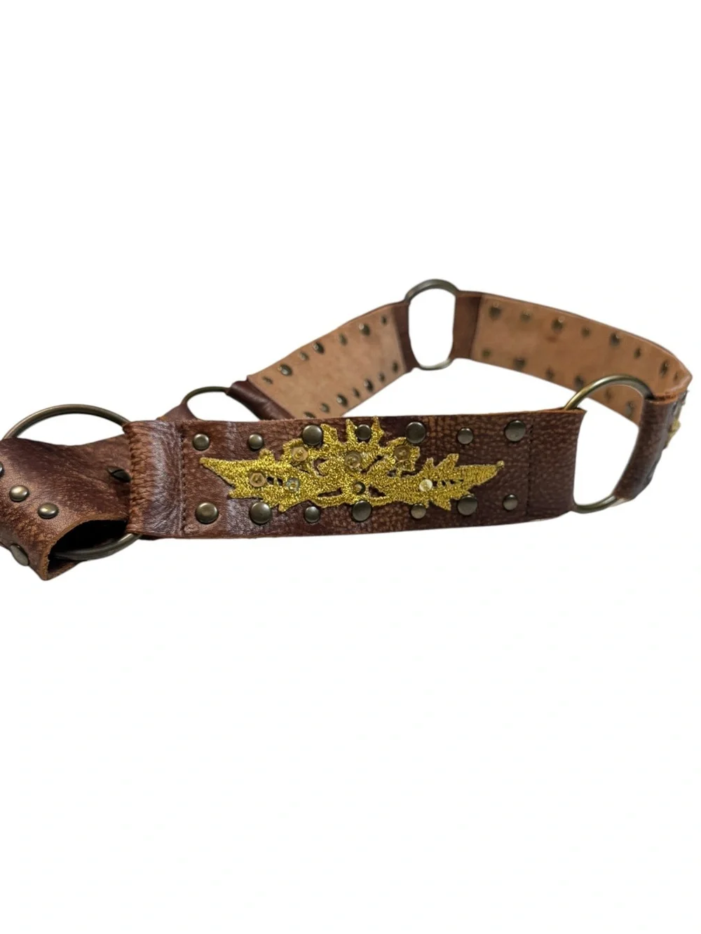 Betsey Johnson Gold Sequin Embroidery Studded Brown Leather Brass Rings Belt M